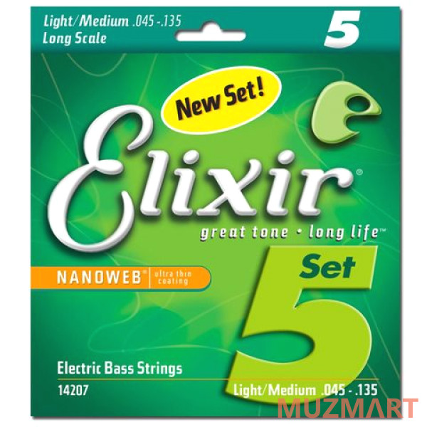 Elixir 14207 NanoWeb Струны для 5-струнной бас-гитары Medium 45-135