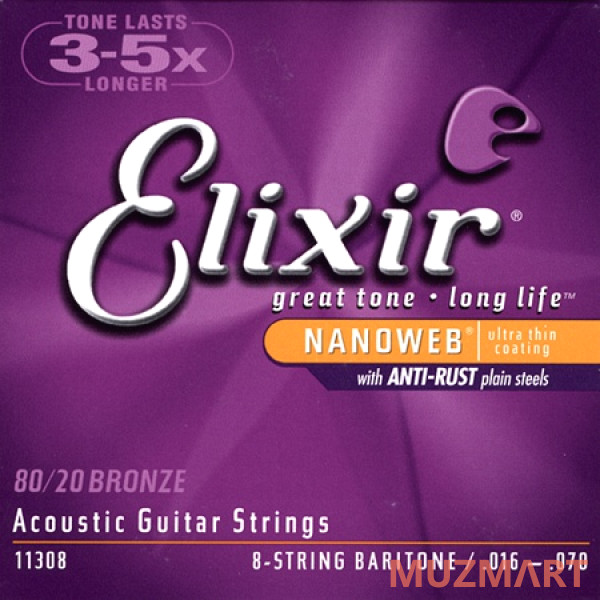 Elixir 11308 NANOWEB Комплект струн для акустической 8-струнной гитары