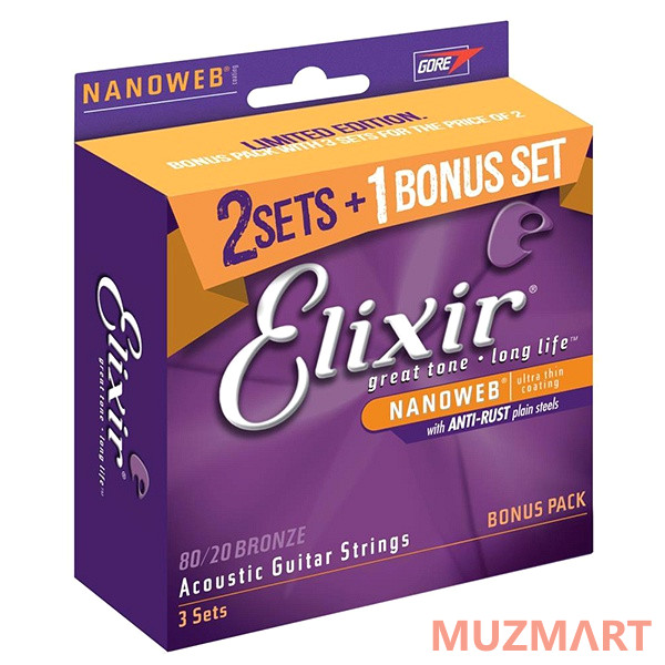 Elixir 16538 NANOWEB Струны для акустической гитары 3 комплекта