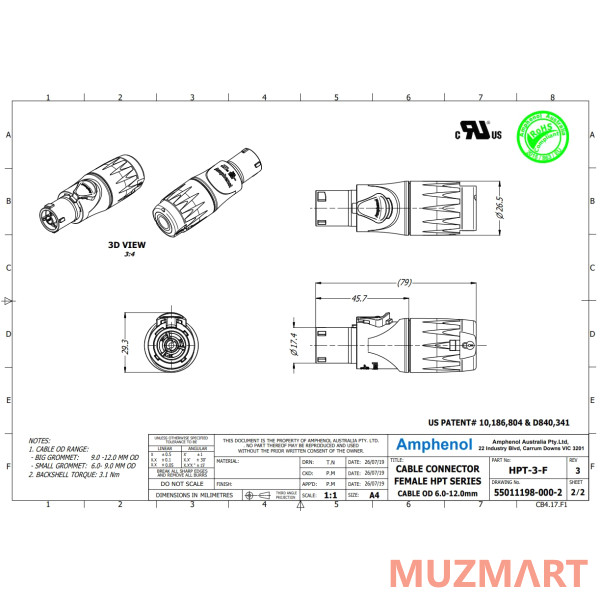Amphenol HPT-3-F Кабельный разъем питания
